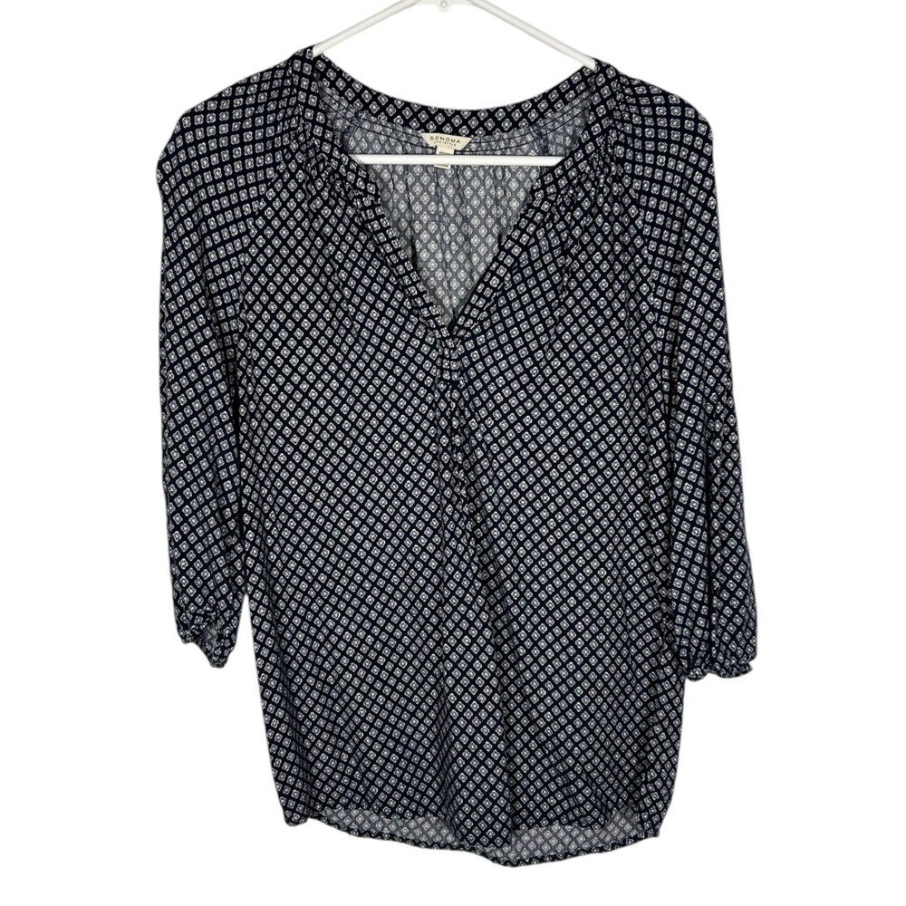 Sonoma Goods for Life Navy Blue Geometric V-Neck Blouse Petite Medium 3/4 Sleeve